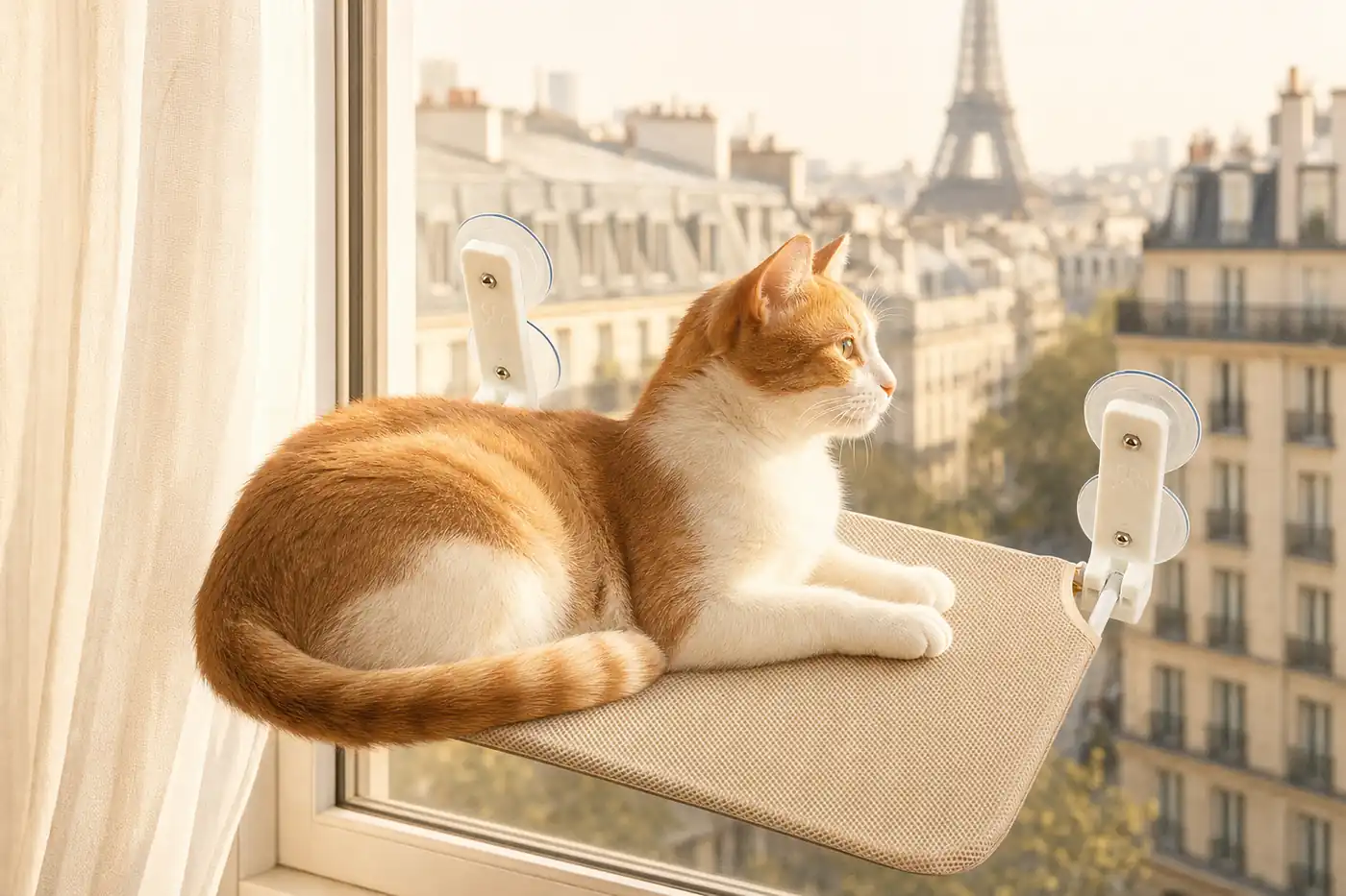 Chat roux allongé sur un hamac de fenêtre en pleine lumière