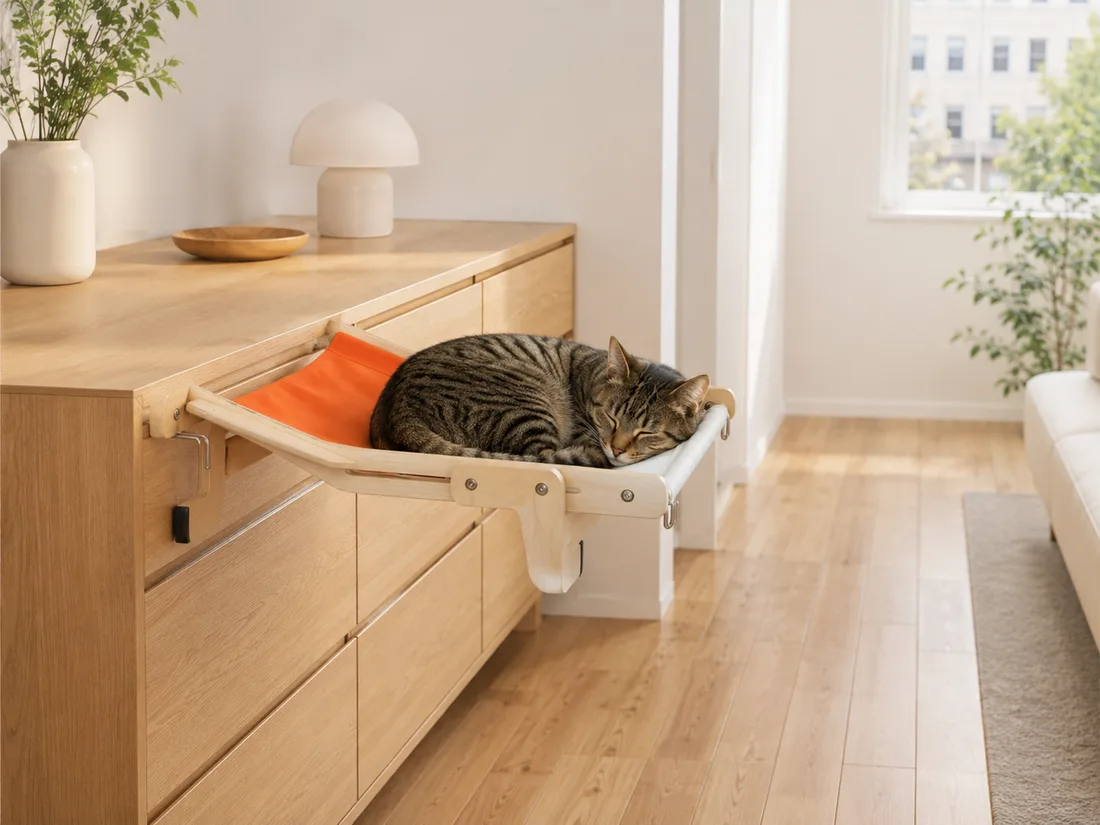 Hamac à cadre bois, toile écrue et orange, clipsé sur le bord d'une commode en bois clair, un chat tigré roulé en boule