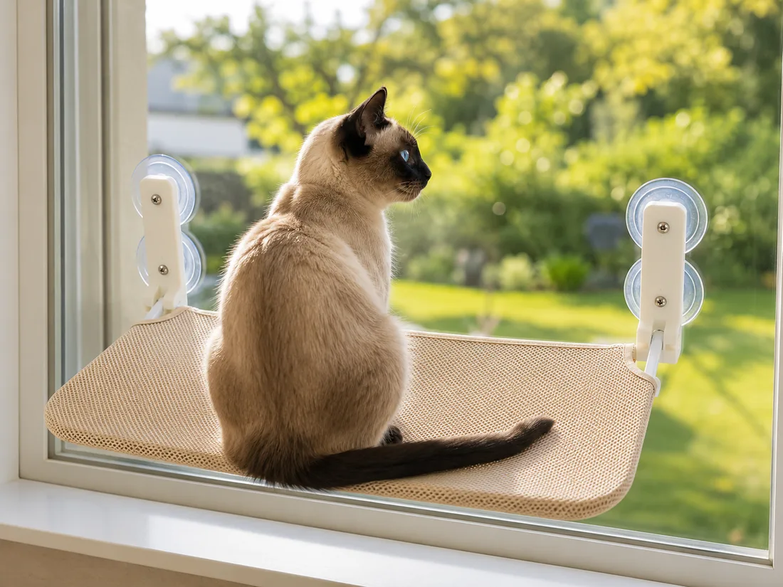 Plateforme pour chat en maille beige fixée par quatre ventouses sur une baie vitrée, un chat siamois assis regardant le jardin