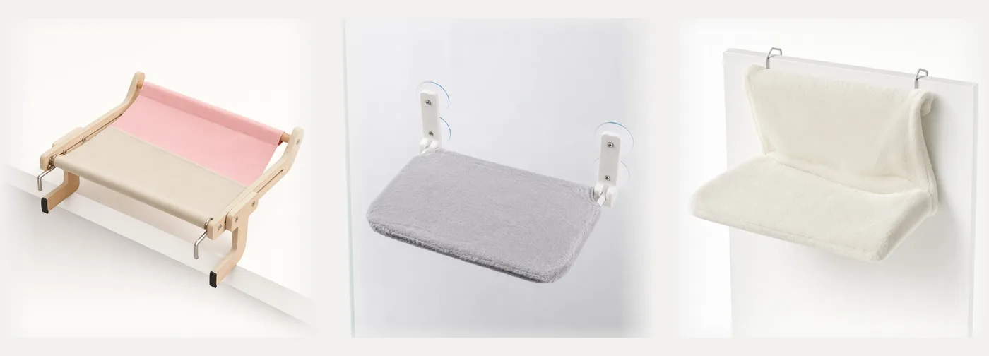 Les trois modèles sans chat : cadre bois à toile rose, plateforme à ventouses en peluche grise, hamac de radiateur crème