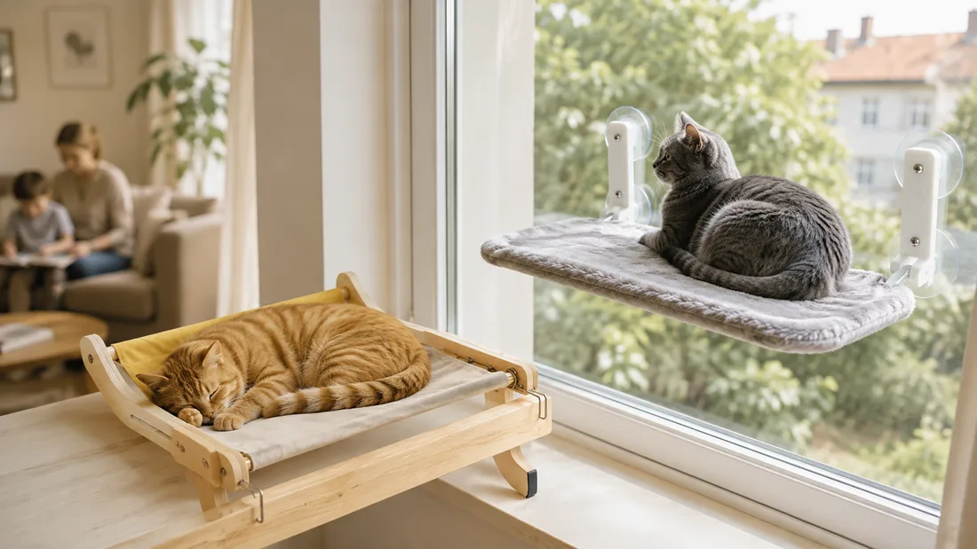Salon lumineux avec deux couchages : un chat roux sur le hamac bois d'un appui de fenêtre, un chat gris sur la plateforme à ventouses
