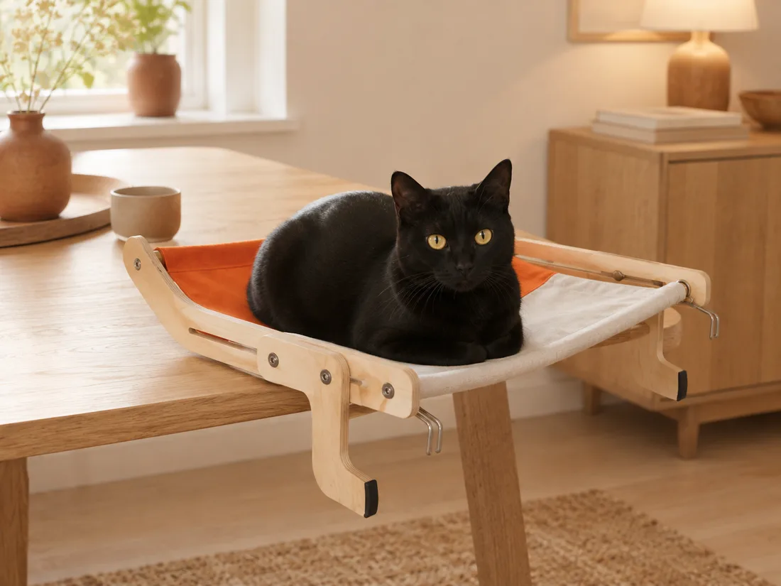Hamac à cadre bois, toile écrue et orange, clipsé sur un plateau de table en chêne, un chat noir couché en sphinx
