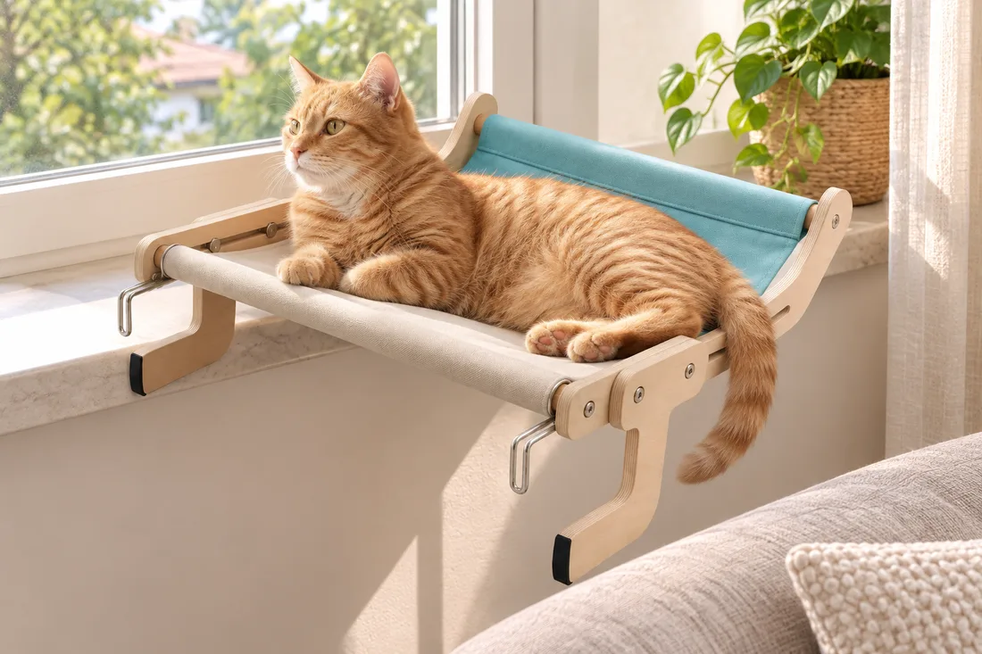 Hamac à cadre bois, toile écrue et cyan, clipsé sur un appui de fenêtre, un chat roux allongé, crochets métalliques serrés dessous