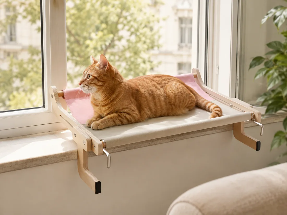 Hamac à cadre bois, toile écrue et rose, clipsé sur un appui de fenêtre, un chat roux couché, deux crochets métalliques visibles