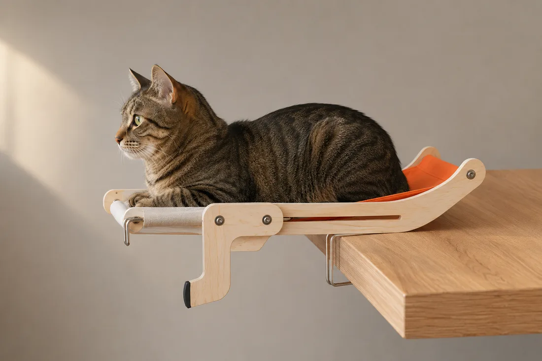 Vue de profil du hamac à toile orange chargé par un chat tigré, la toile se creuse mais le cadre reste droit