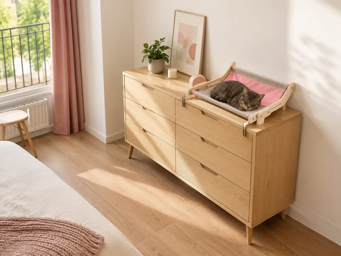Vue large d'un studio : le hamac à toile rose clipsé sur une commode, un chat endormi, le sol entièrement dégagé