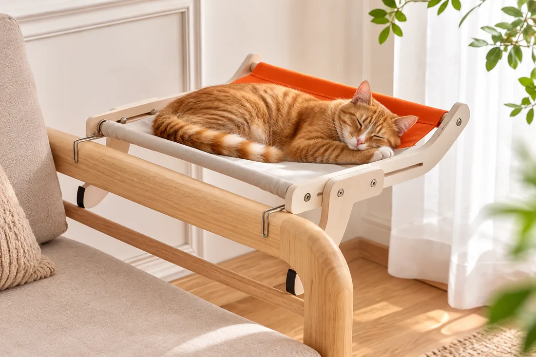 Chat roux endormi sur le hamac à toile écrue et orange, clipsé sur le bord d'un plan en bois clair