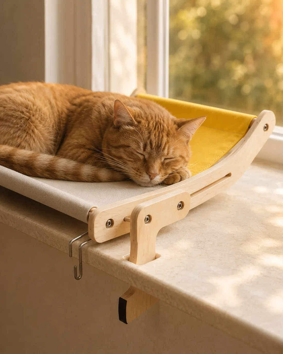 Portrait vertical d'un chat roux endormi sur le hamac à toile jaune, au bord d'un appui de fenêtre au soleil couchant