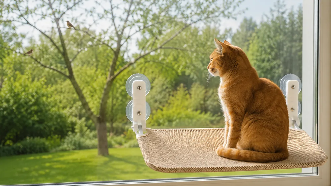 Chat roux assis sur la plateforme en maille beige, regardant deux oiseaux dans un arbre au loin