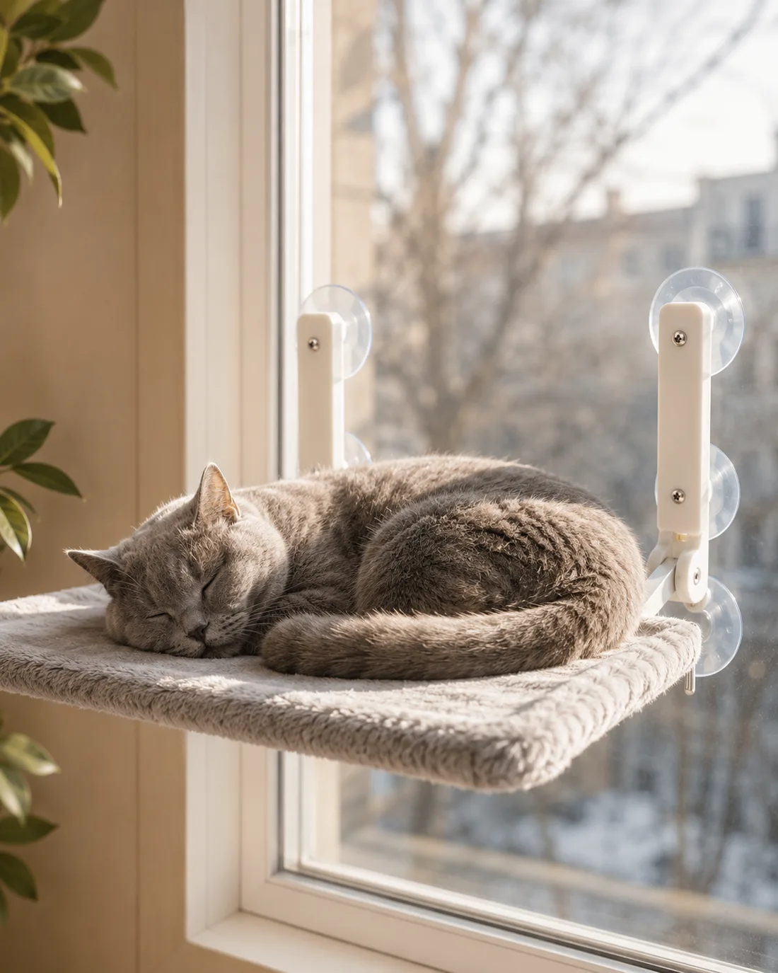 Portrait vertical d'un chat gris endormi sur la plateforme en peluche grise dans une tache de soleil