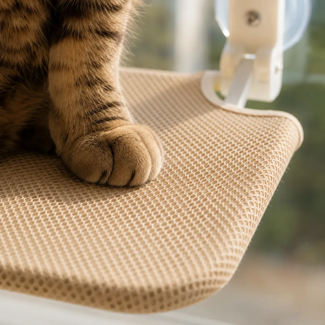 Macrophotographie de la maille beige sous la patte avant d'un chat, tissage et couture périphérique visibles
