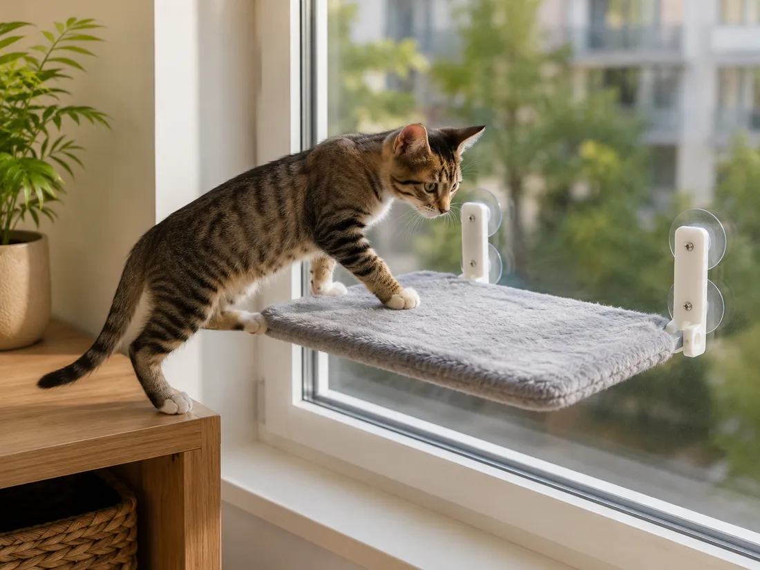 Un jeune chat monte sur la plateforme grise depuis un meuble bas, deux pattes avant posées sur la peluche