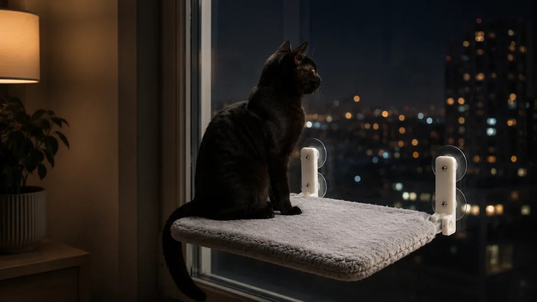 Plateforme en peluche grise à une grande fenêtre le soir, un chat noir assis de profil devant les lumières de la ville