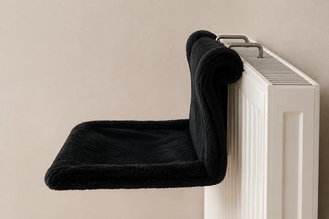 Vue de profil du hamac de radiateur noir installé sans chat : assise creusée, dossier relevé, retour supérieur enroulé