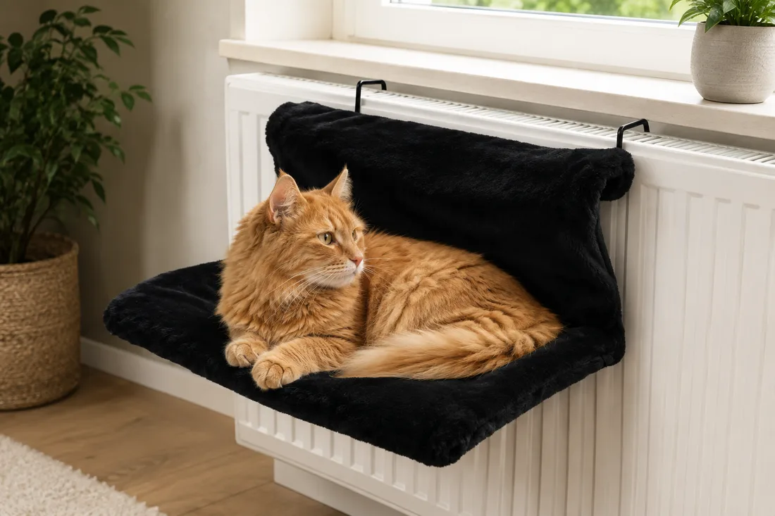 Hamac de radiateur en peluche noire accroché à un radiateur, un chat roux à poil long couché dedans