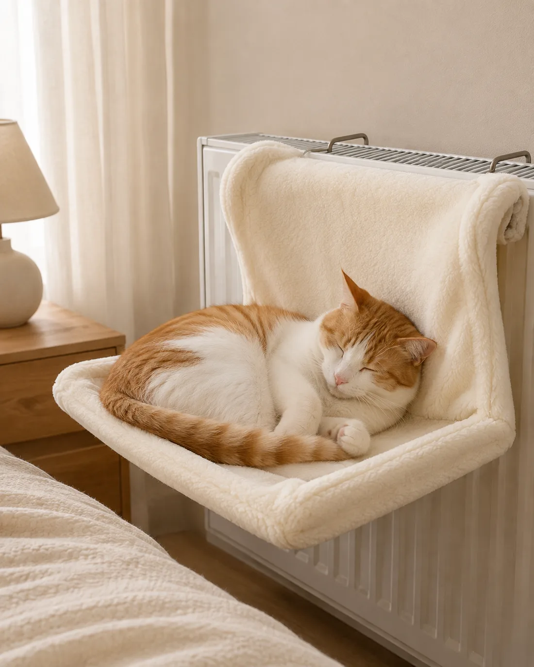 Portrait vertical d'un chat blanc et roux endormi dans le hamac de radiateur crème, tête contre le dossier