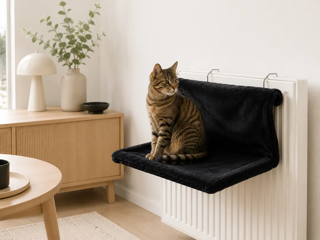 Hamac de radiateur noir dans un intérieur scandinave clair, un chat tigré brun assis, crochets visibles sur le radiateur
