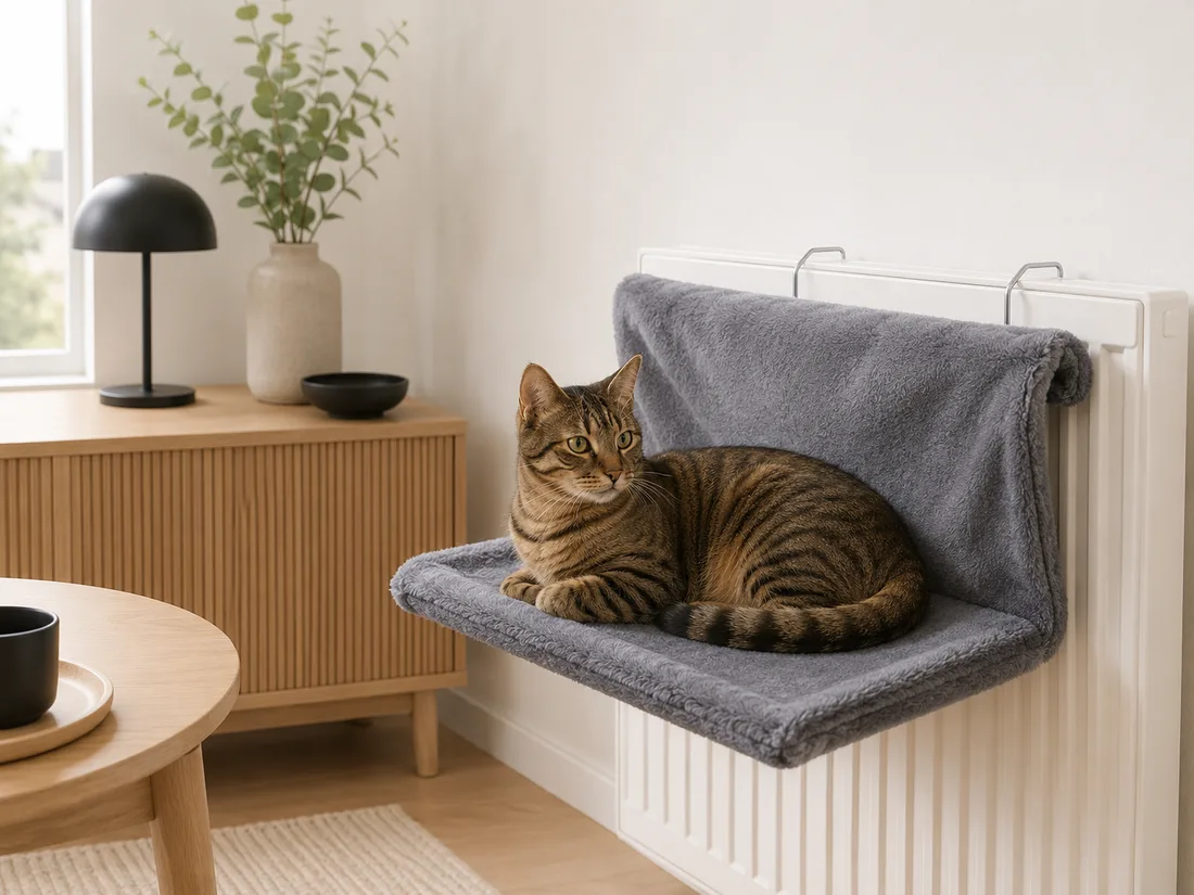 Hamac de radiateur en peluche grise accroché à un radiateur, un chat tigré assis, le sol de la pièce entièrement dégagé